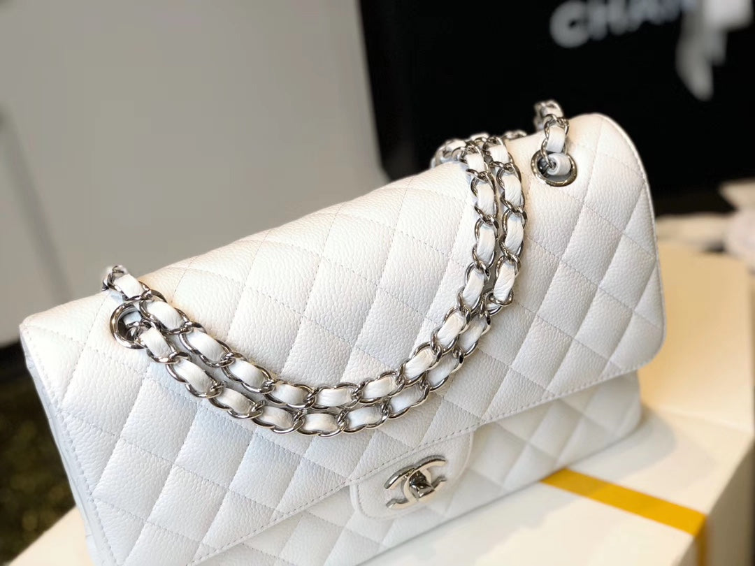 Chanel Classic Medium Flap Bag Silver Hardware 26cm White