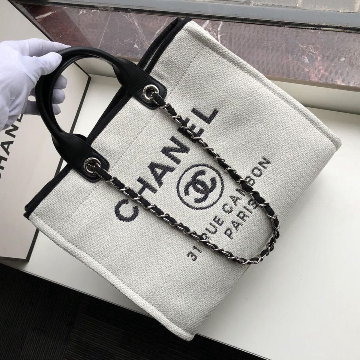 Chanel Deauville Tote 38cm Twill Canvas Bag Fall/Winter Collection White/Black