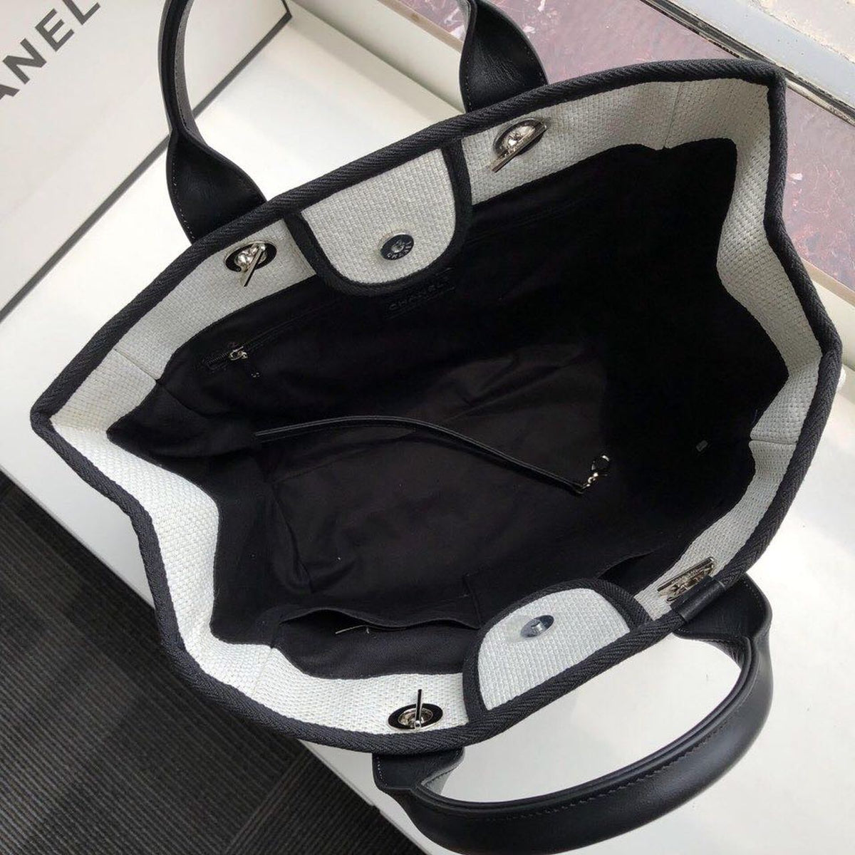 Chanel Deauville Tote 38cm Twill Canvas Bag Fall/Winter Collection White/Black