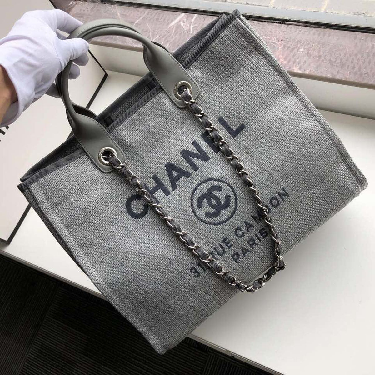Chanel Deauville Tote 38cm Raffia Canvas Bag Fall/Winter Collection Light Grey/Black