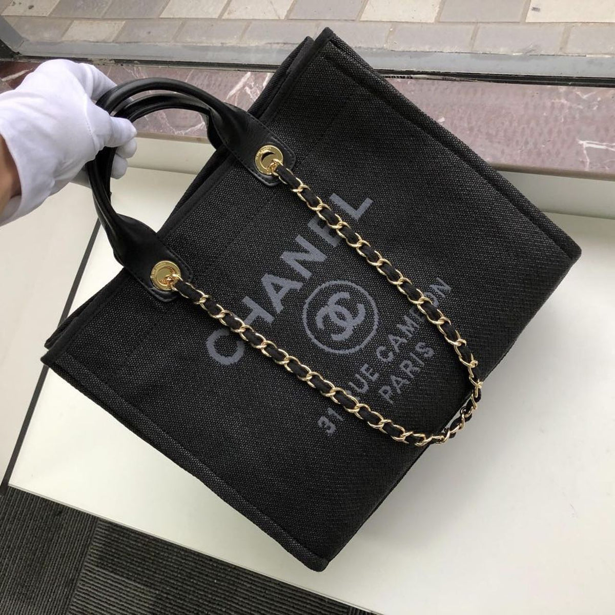 Chanel Deauville Tote 38cm Raffia Canvas Bag Fall/Winter Collection Black/Grey