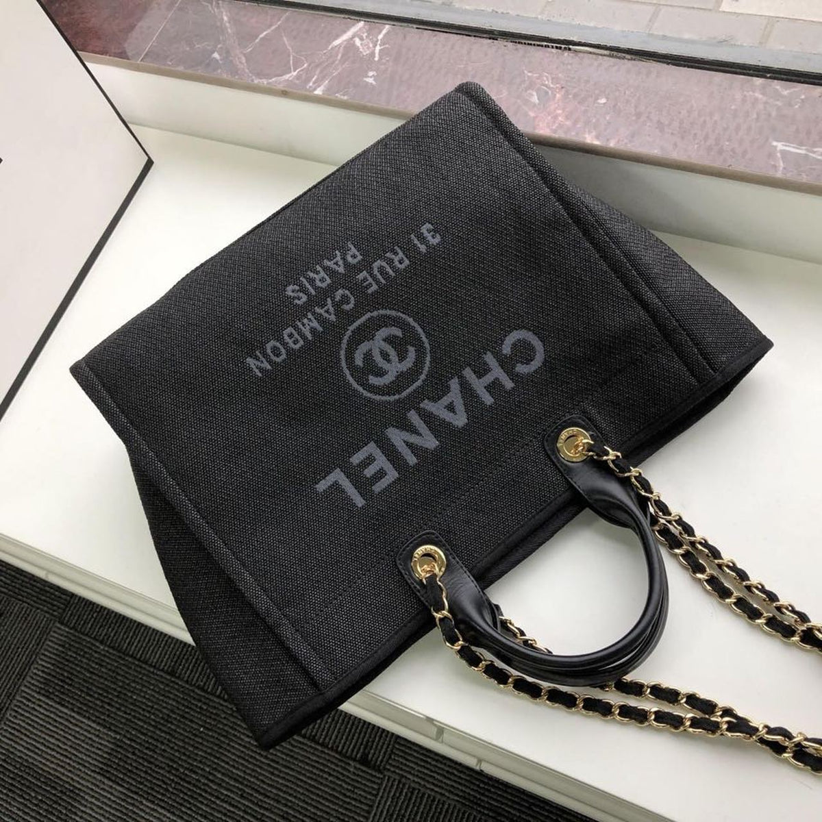 Chanel Deauville Tote 38cm Raffia Canvas Bag Fall/Winter Collection Black/Grey