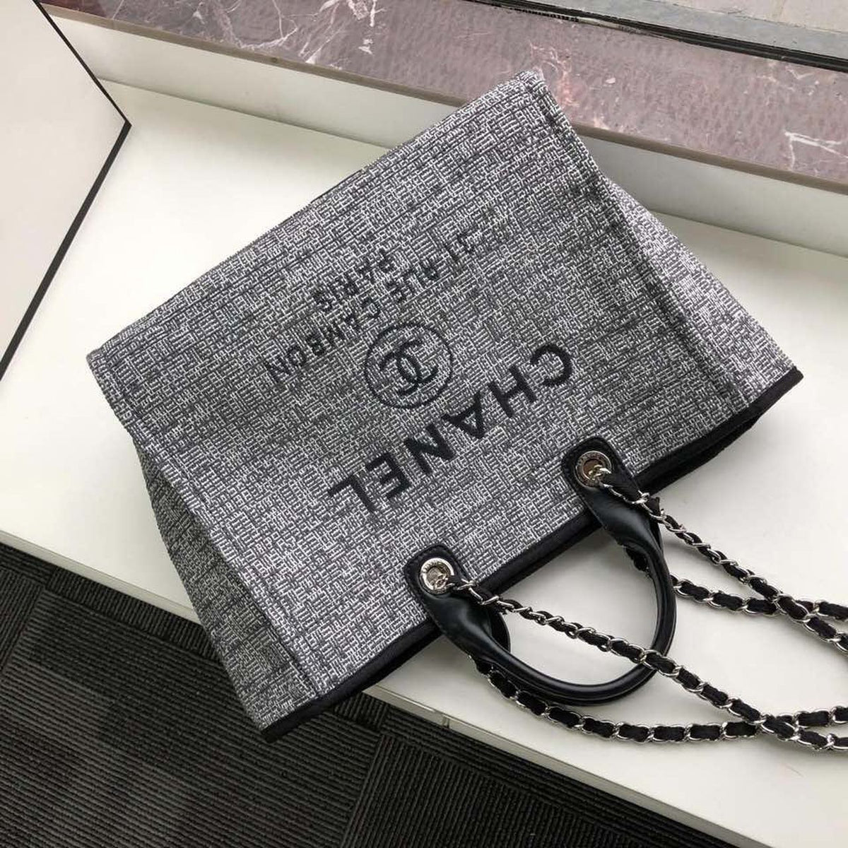 Chanel Deauville Tote 38cm Raffia Canvas Bag Fall/Winter Collection, Black/White
