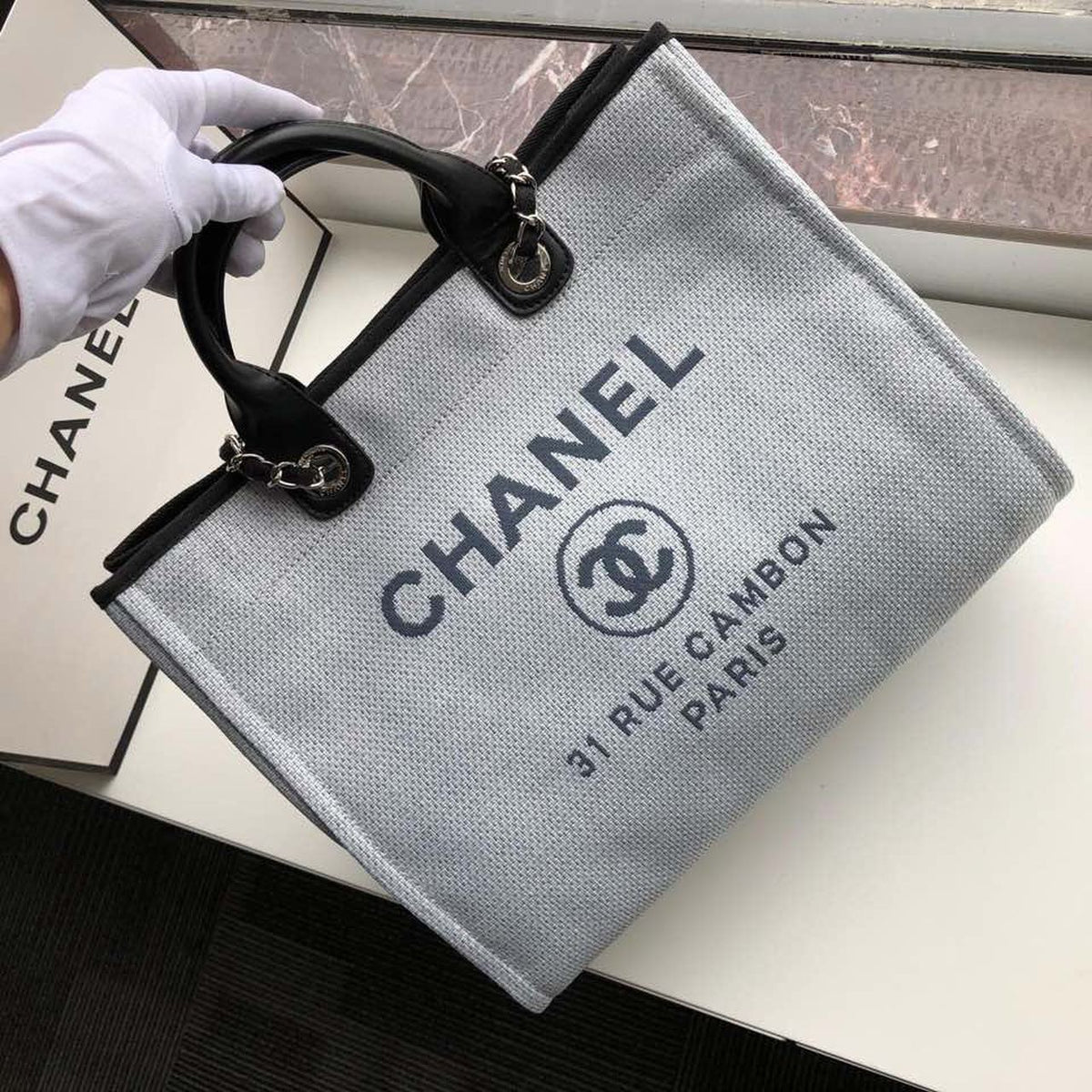 Chanel Deauville Tote 38cm Raffia Canvas Bag Fall/Winter Collection Light Blue/Black