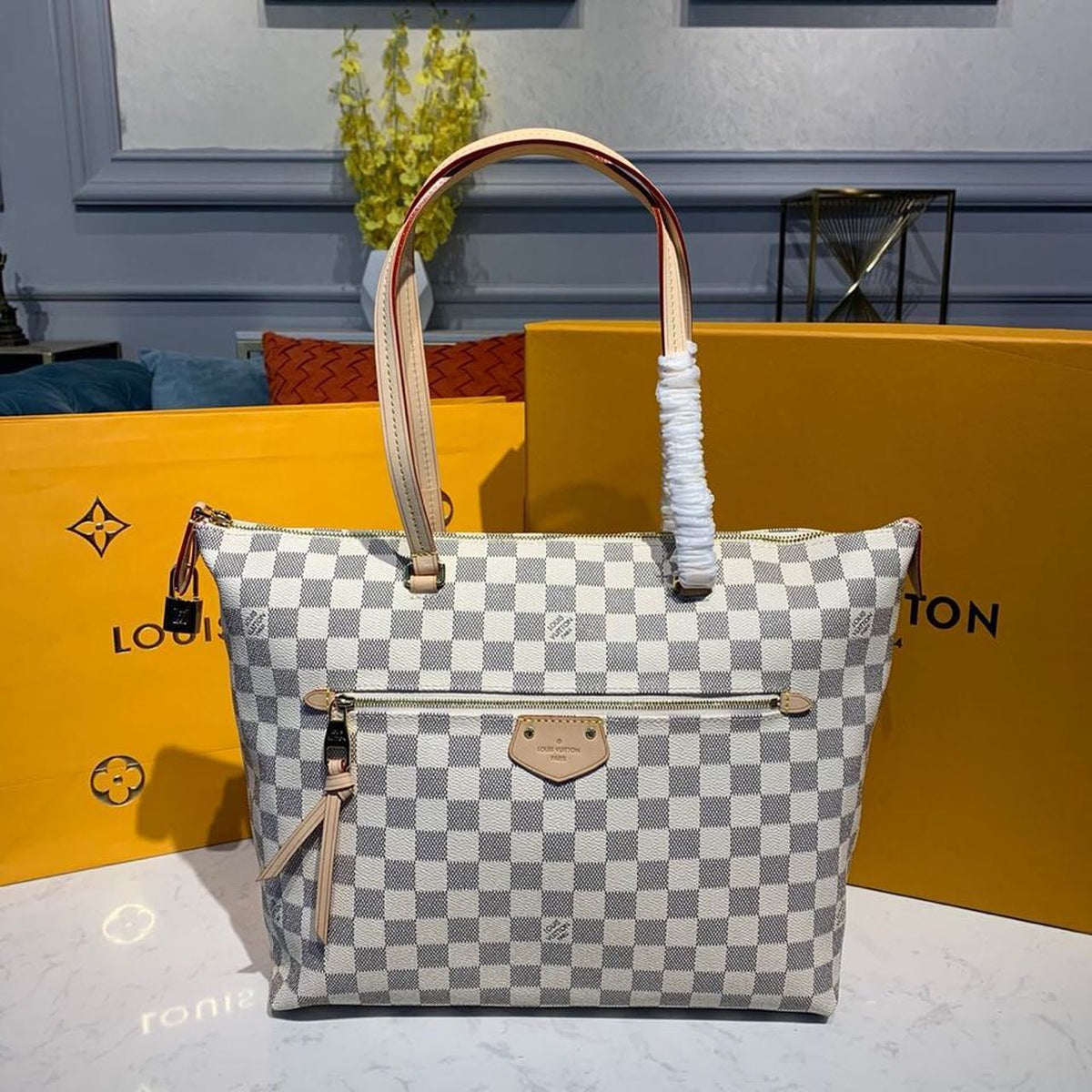 Louis Vuitton Iena MM Bag 34cm Damier Azur Canvas Fall/Winter Collection N44040, Beige