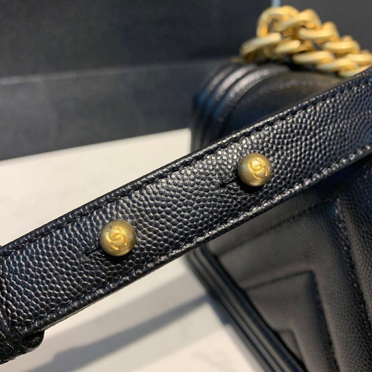 Chanel Chevron Boy Bag 20cm Caviar Leather Antique Gold Hardware Fall/Winter Act 1 Collection Black