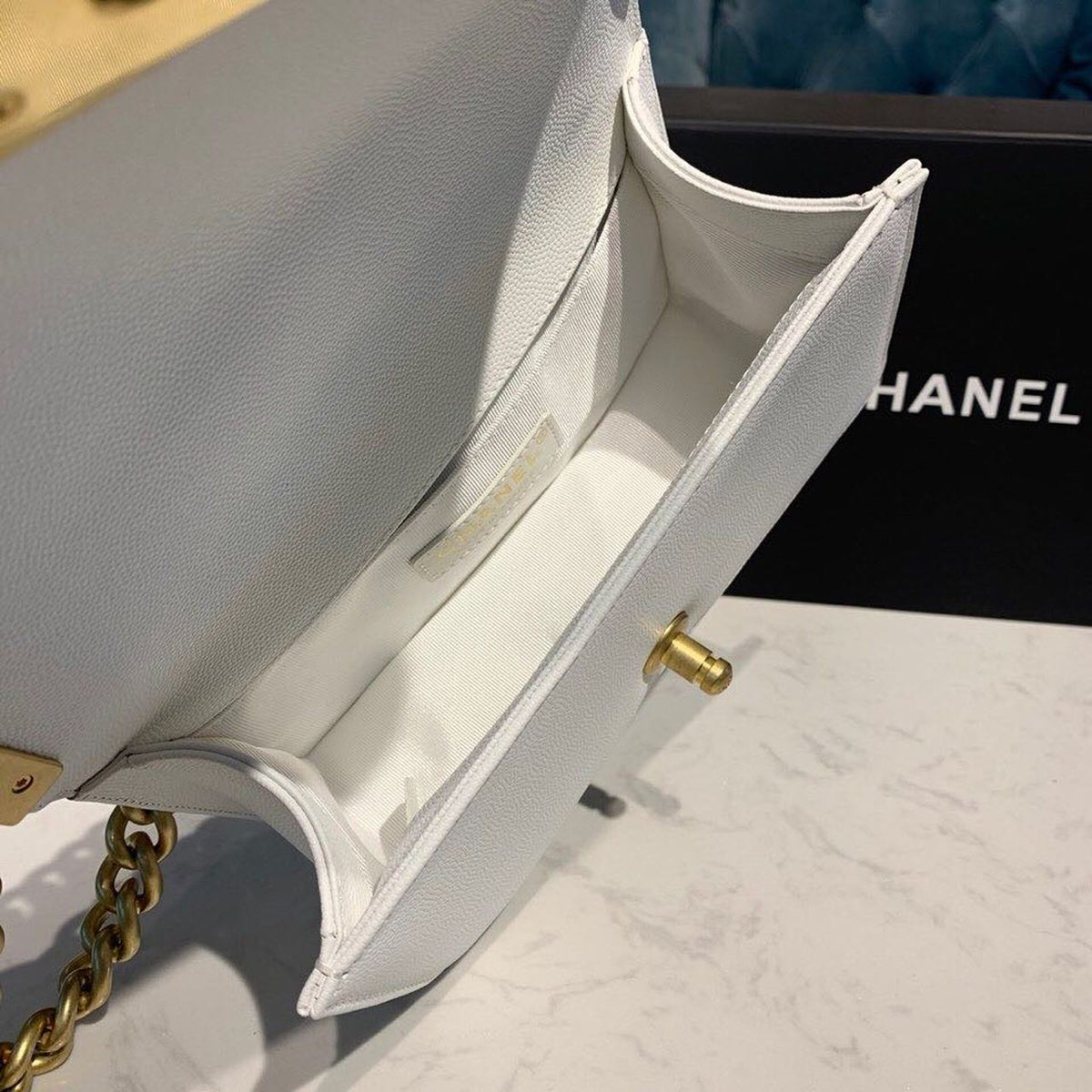 Chanel Quilted Boy Bag 20cm Caviar Leather Antique Gold Hardware Fall/Winter Act 1 Collection White