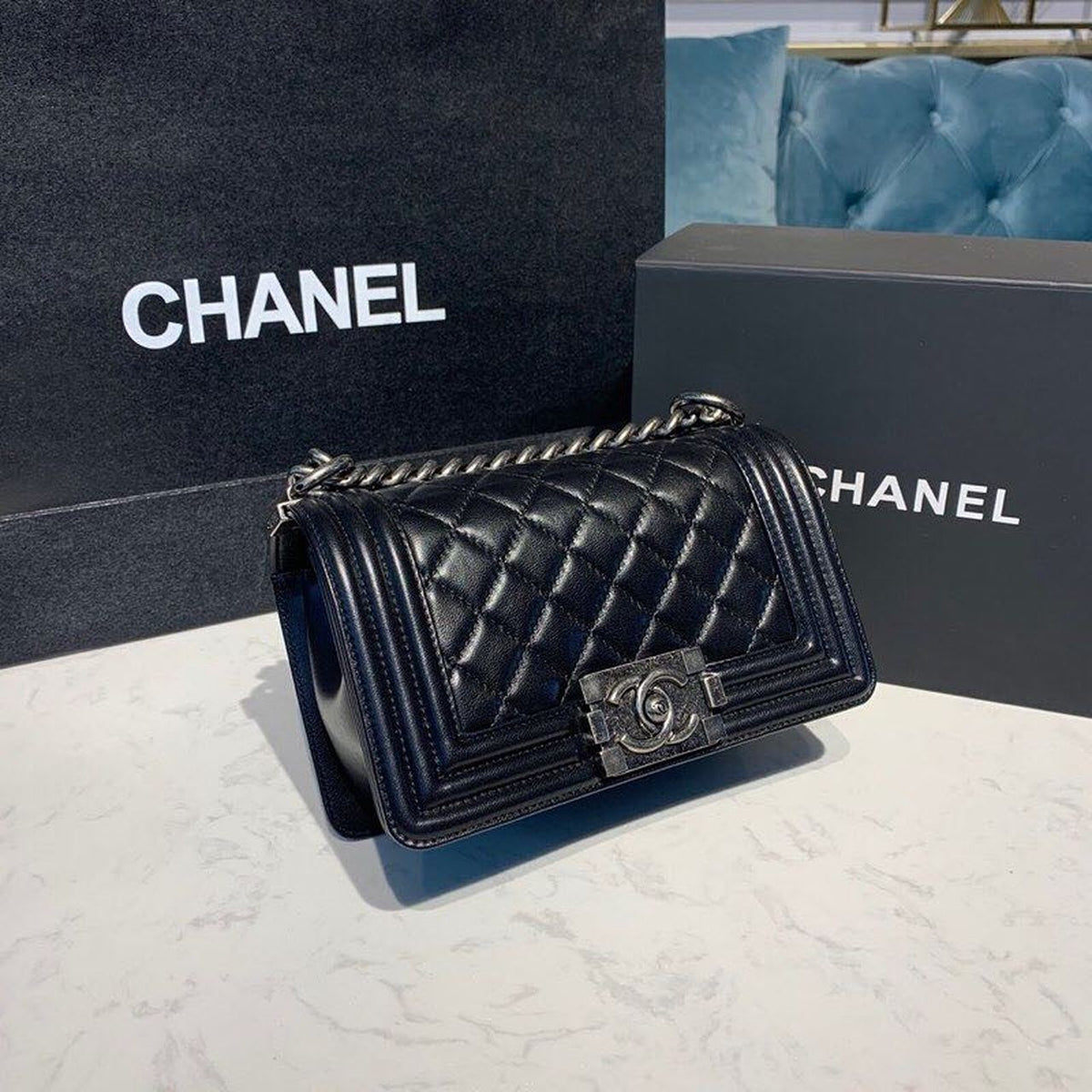 Chanel Quilted Boy Bag 20cm Lambskin Leather Antique Silver Hardware Fall/Winter Act 1 Collection Black