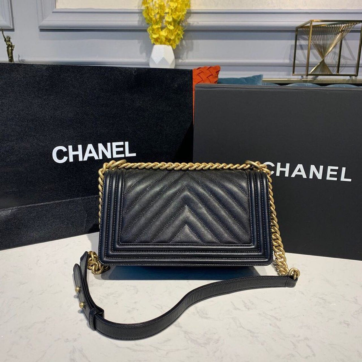 Chanel Quilted Boy Bag Caviar Leather Antique Gold Hardware Fall/Winter Act 1 Collection Black
