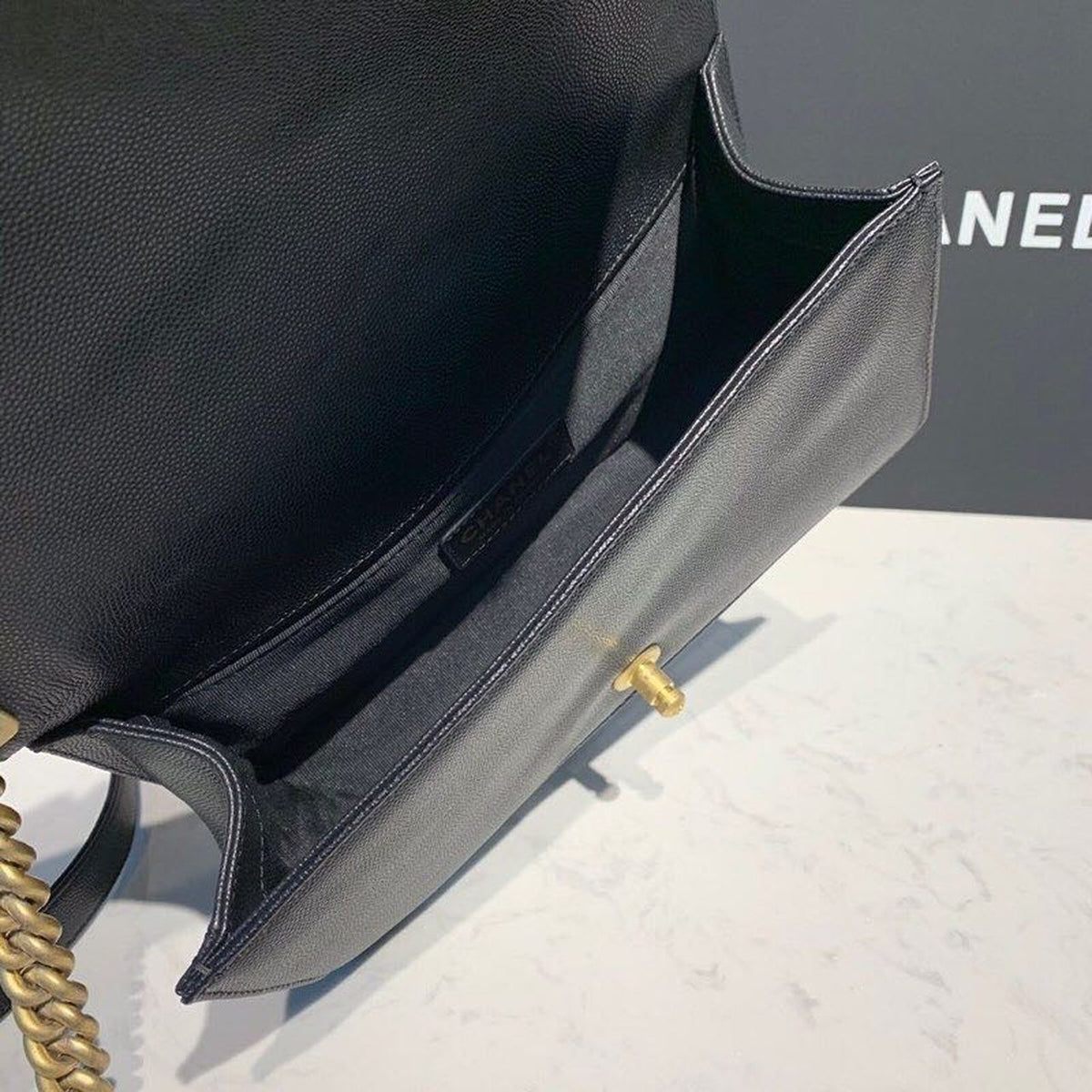 Chanel Quilted Boy Bag Caviar Leather Antique Gold Hardware Fall/Winter Act 1 Collection Black