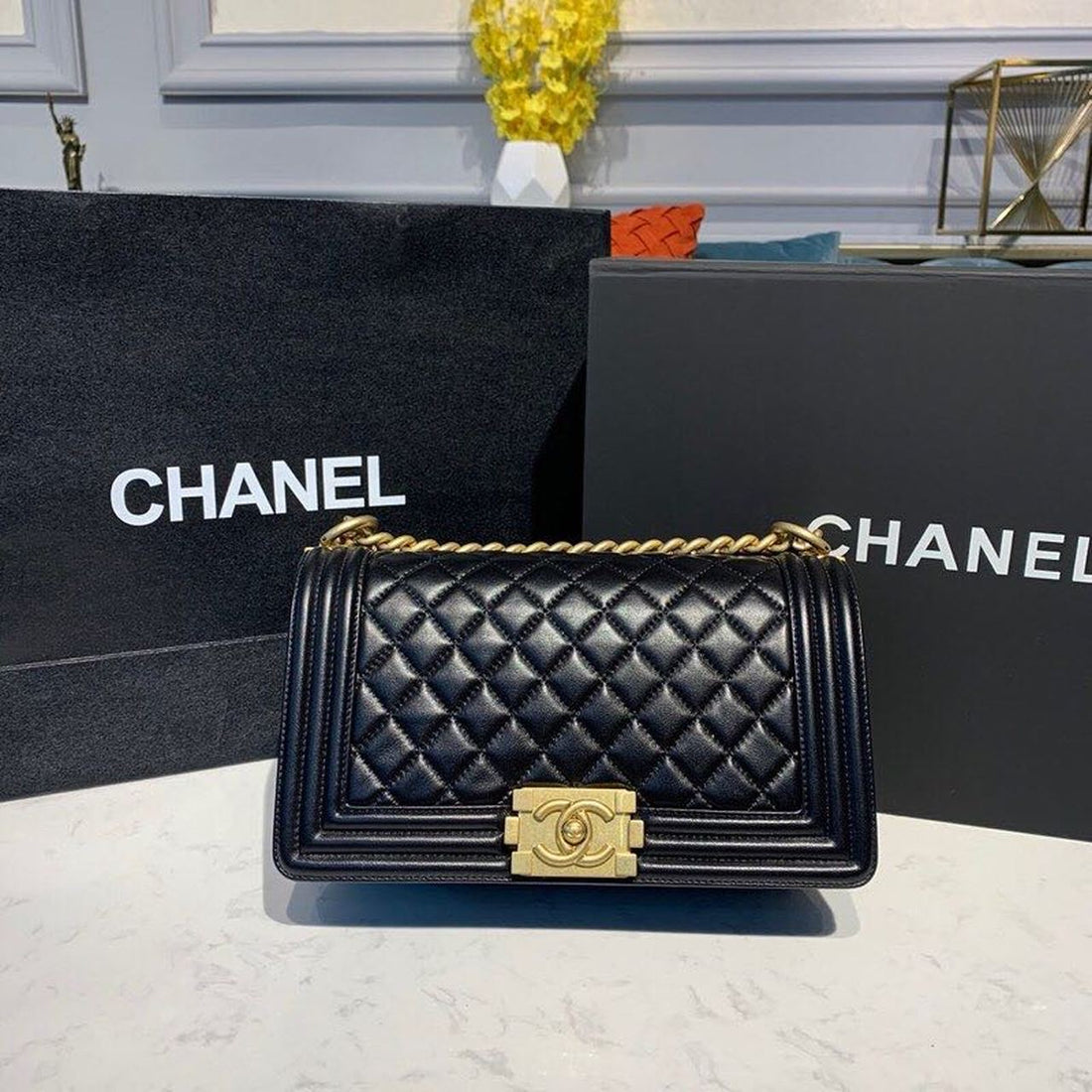 Chanel Quilted Boy Bag 25cm Lambskin Leather Antique Gold Hardware Fall/Winter Act 1 Collection Black