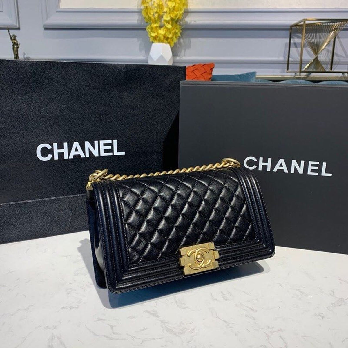 Chanel Quilted Boy Bag 25cm Lambskin Leather Antique Gold Hardware Fall/Winter Act 1 Collection Black