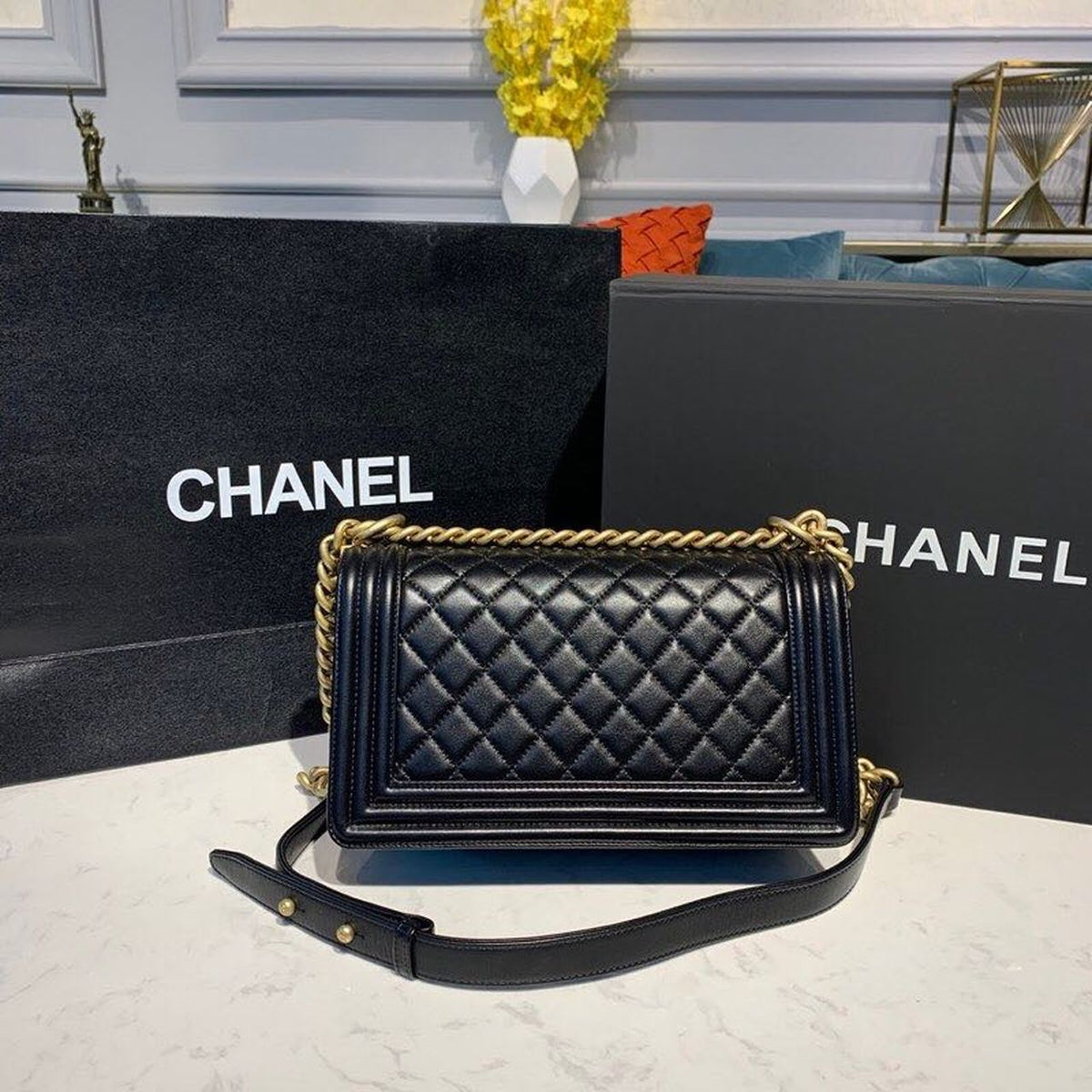 Chanel Quilted Boy Bag 25cm Lambskin Leather Antique Gold Hardware Fall/Winter Act 1 Collection Black