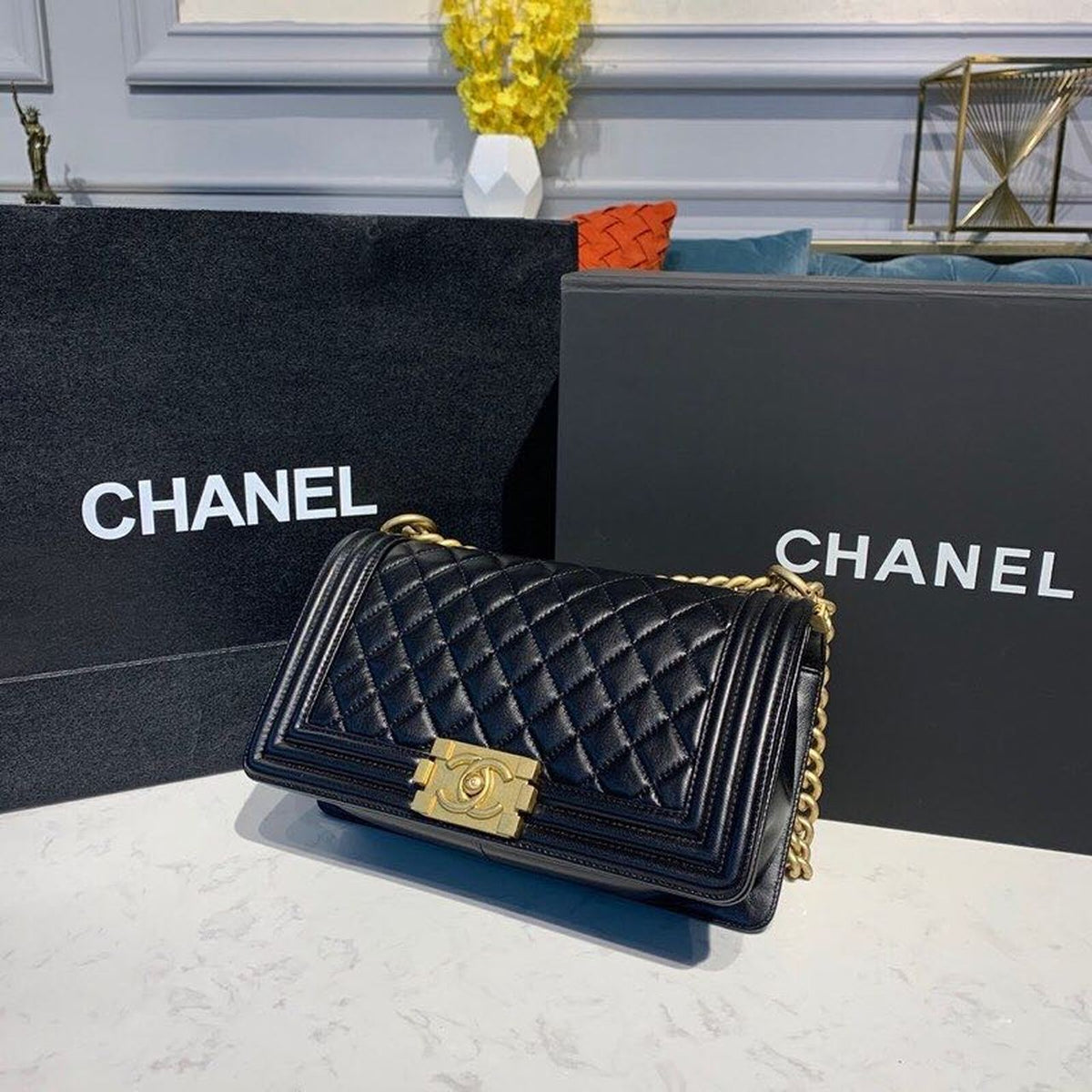 Chanel Quilted Boy Bag 25cm Lambskin Leather Antique Gold Hardware Fall/Winter Act 1 Collection Black