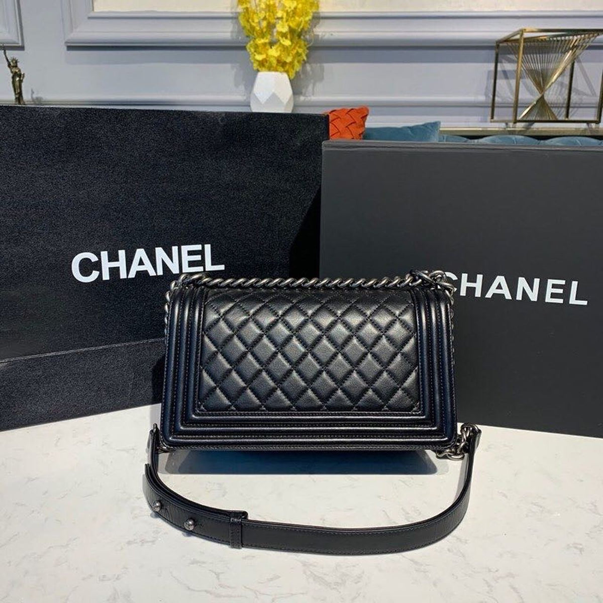 Chanel Quilted Boy Bag 25cm Lambskin Leather Antique Silver Hardware Fall/Winter Act 1 Collection Black