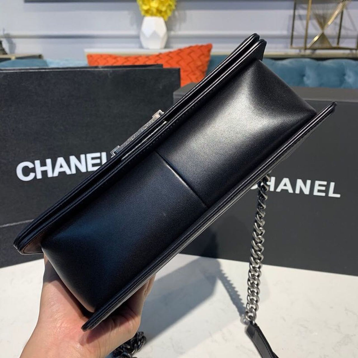 Chanel Quilted Boy Bag 25cm Lambskin Leather Antique Silver Hardware Fall/Winter Act 1 Collection Black