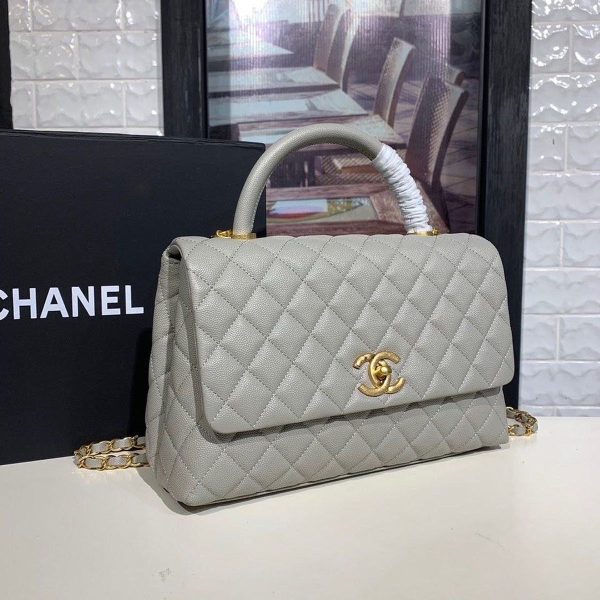 Chanel Coco Handle Quilted Bag 30cm Caviar Leather Gold Hardware Spring/Summer Act 1 Collection, Grey