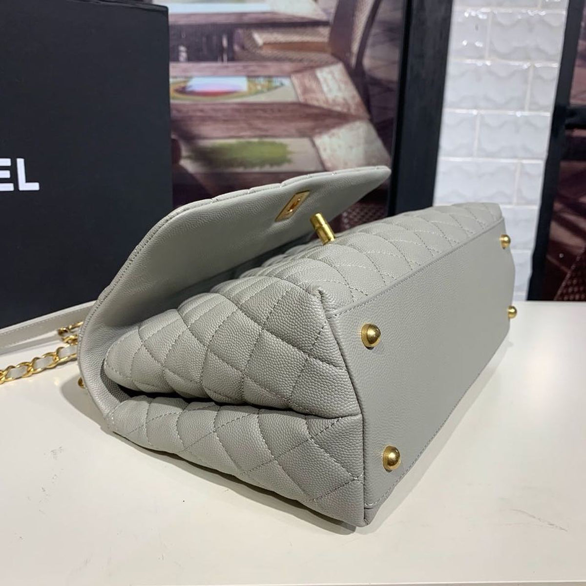 Chanel Coco Handle Quilted Bag 30cm Caviar Leather Gold Hardware Spring/Summer Act 1 Collection, Grey