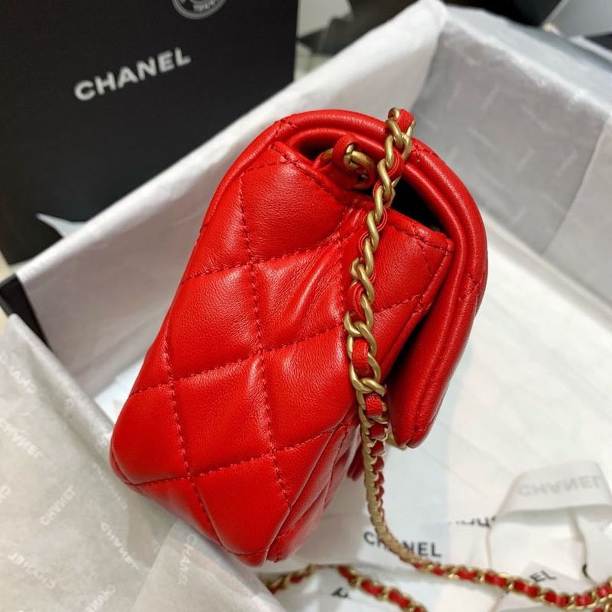 Chanel Classic Flap With Charm Chain With CC Details On Strap Bag 20cm Gold Hardware Lambskin Leather Spring/Summer Collection, Red