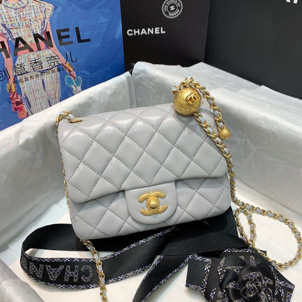 Chanel Classic Flap With Charm Chain With CC Details On Strap Bag 18cm Gold Hardware Lambskin Leather Spring/Summer Collection, Grey