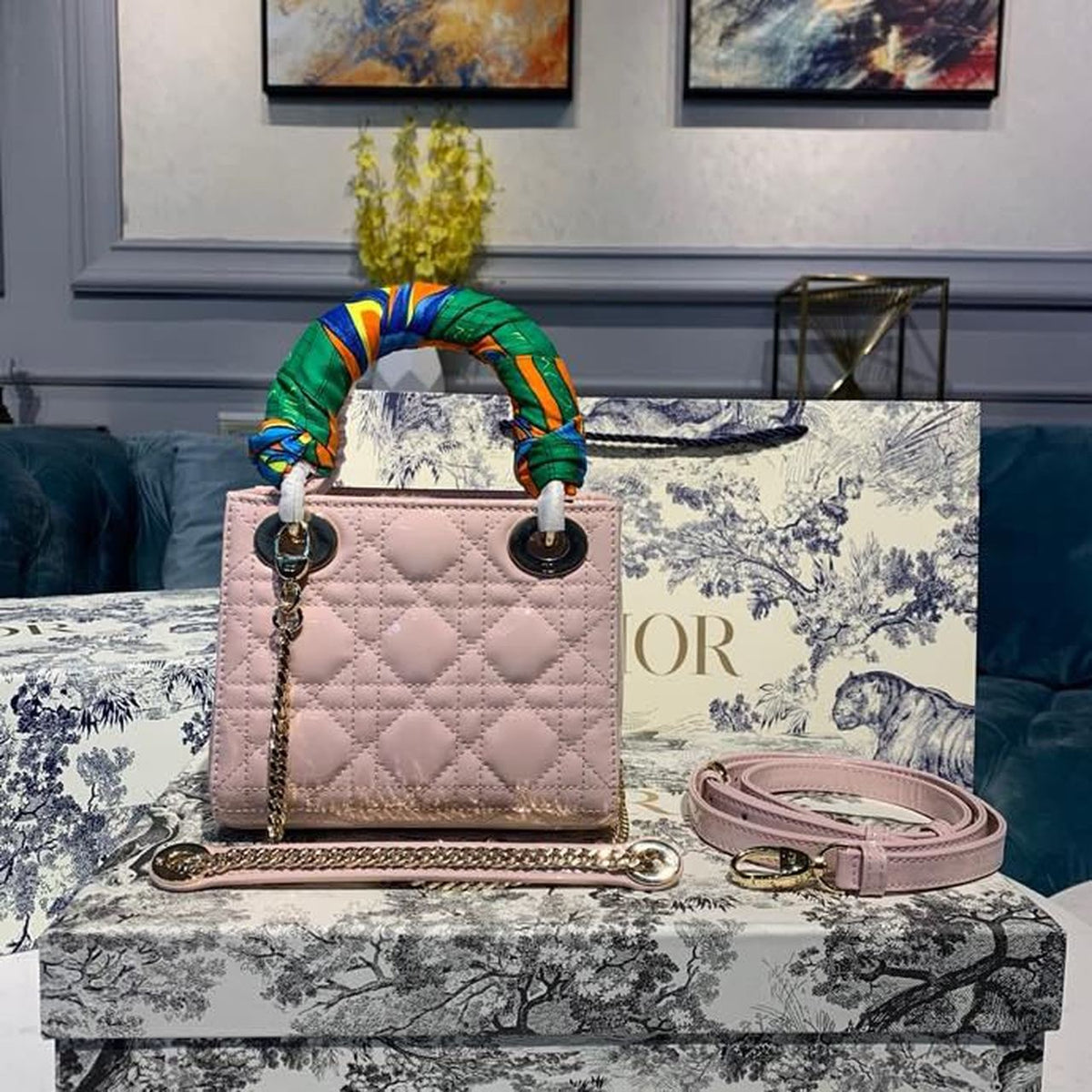 Christian Dior Mini Lady Dior Bag 18cm with Chain Gold Hardware Patent Leather Spring/Summer Collection, Light Pink