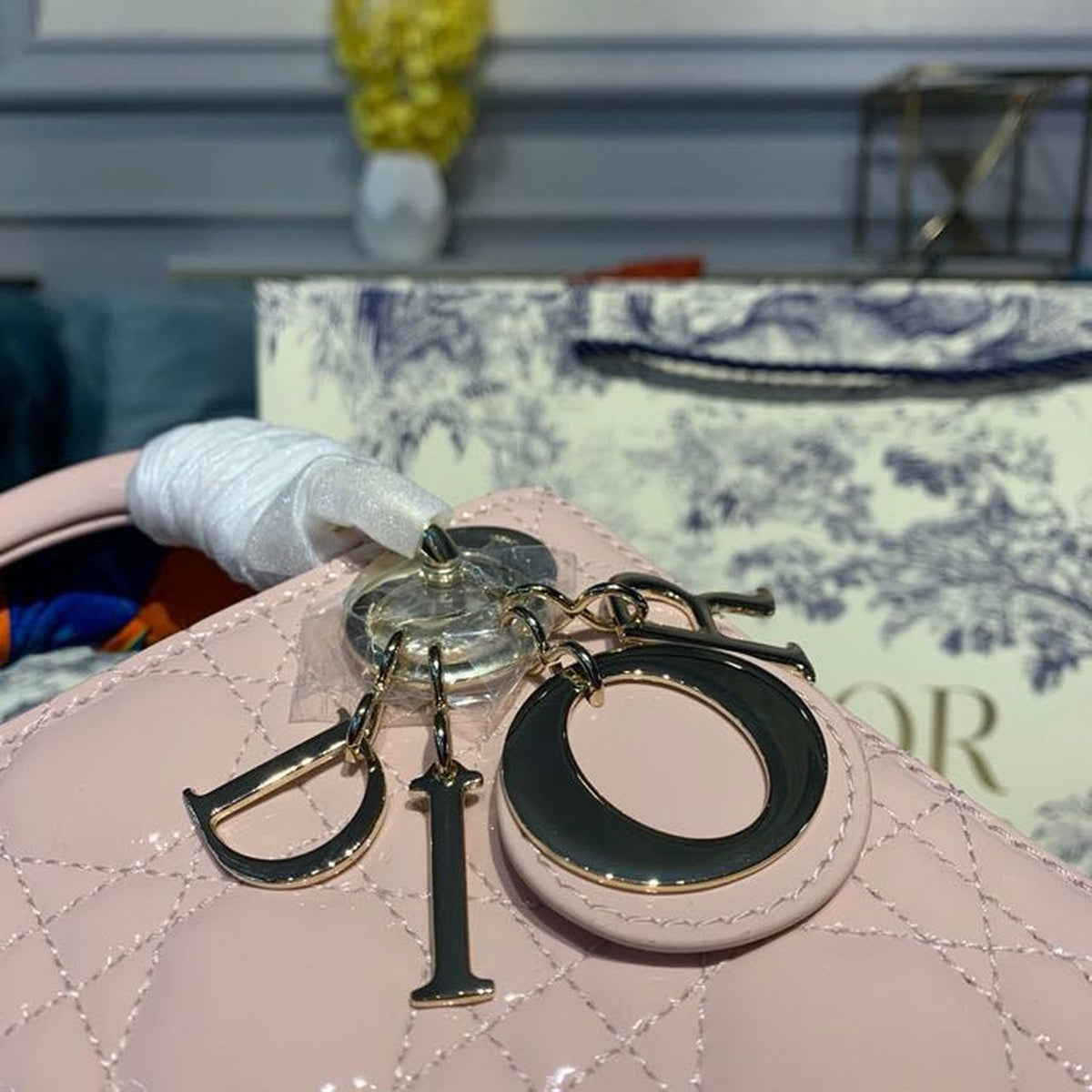 Christian Dior Mini Lady Dior Bag 18cm with Chain Gold Hardware Patent Leather Spring/Summer Collection, Light Pink