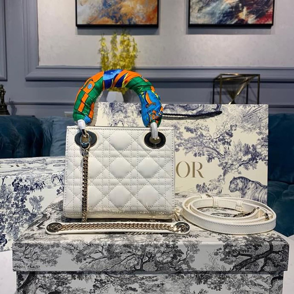 Christian Dior Mini Lady Dior Bag 18cm with Chain Gold Hardware Patent Leather Spring/Summer Collection, White
