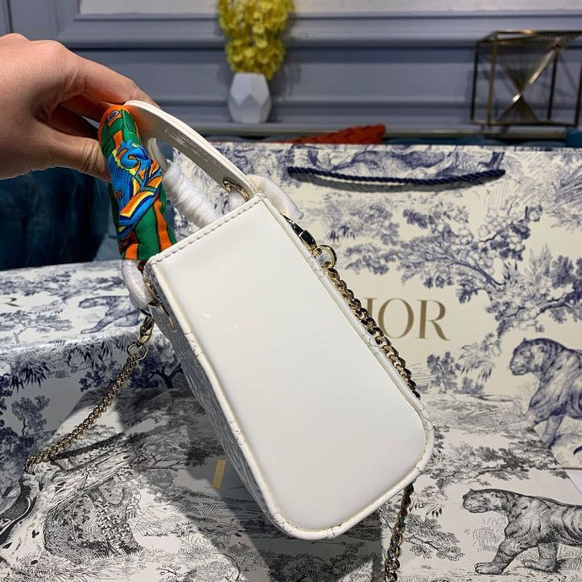 Christian Dior Mini Lady Dior Bag 18cm with Chain Gold Hardware Patent Leather Spring/Summer Collection, White