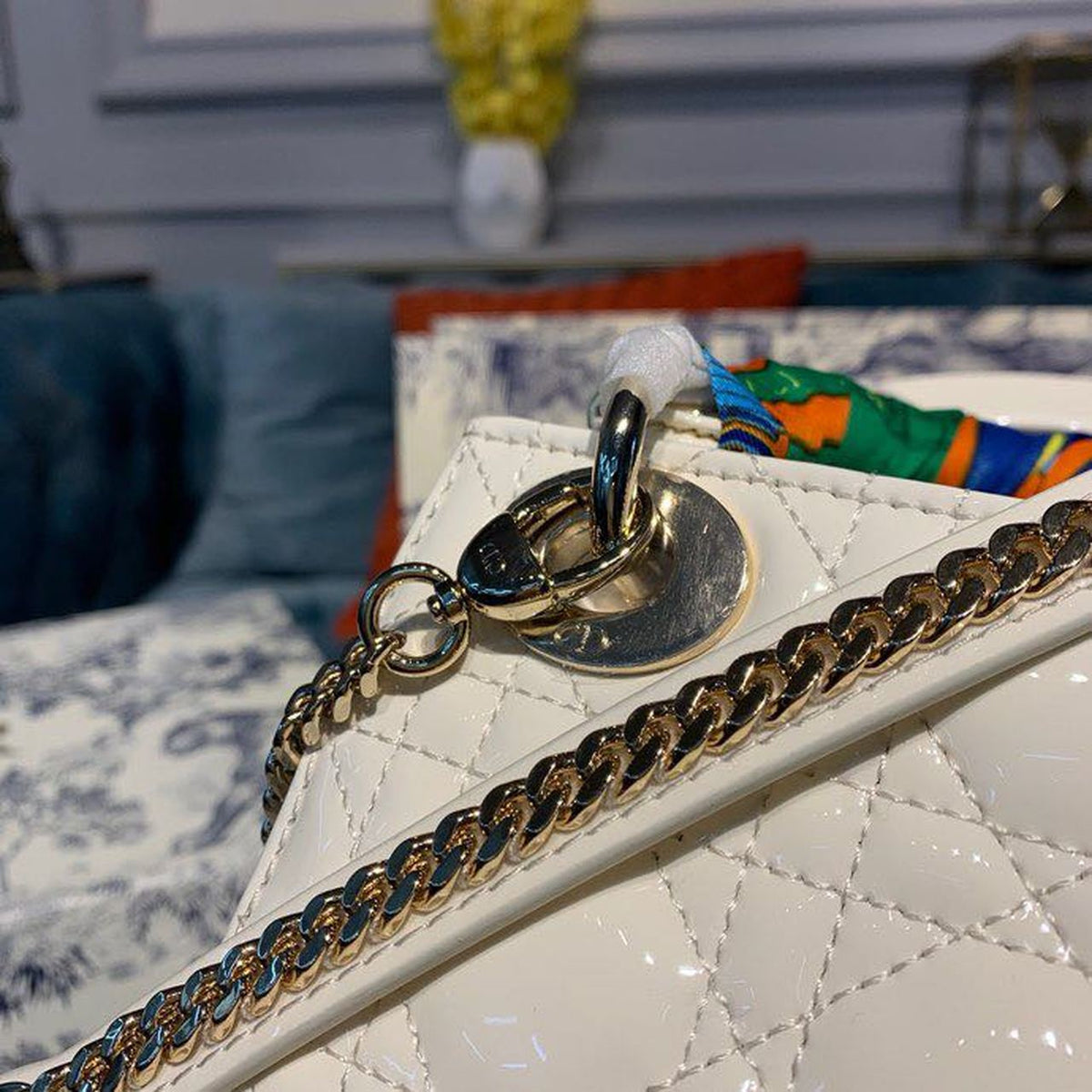 Christian Dior Mini Lady Dior Bag 18cm with Chain Gold Hardware Patent Leather Spring/Summer Collection, White