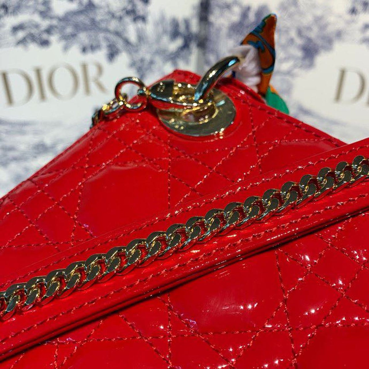 Christian Dior Mini Lady Dior Bag 18cm with Chain Gold Hardware Patent Leather Spring/Summer Collection, Red