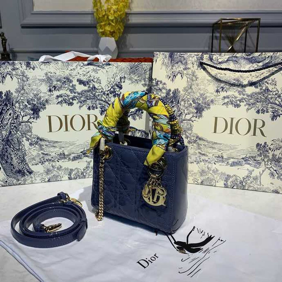 Christian Dior Mini Lady Dior Bag 18cm with Chain Silver Hardware Patent Leather Spring/Summer Collection, Deep Blue