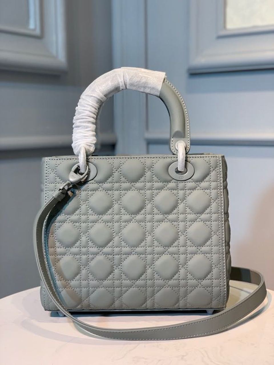 Christian Dior Lady Dior Bag 24cm Matte Hardware Lambskin Leather Spring/Summer Collection, Pewter Blue