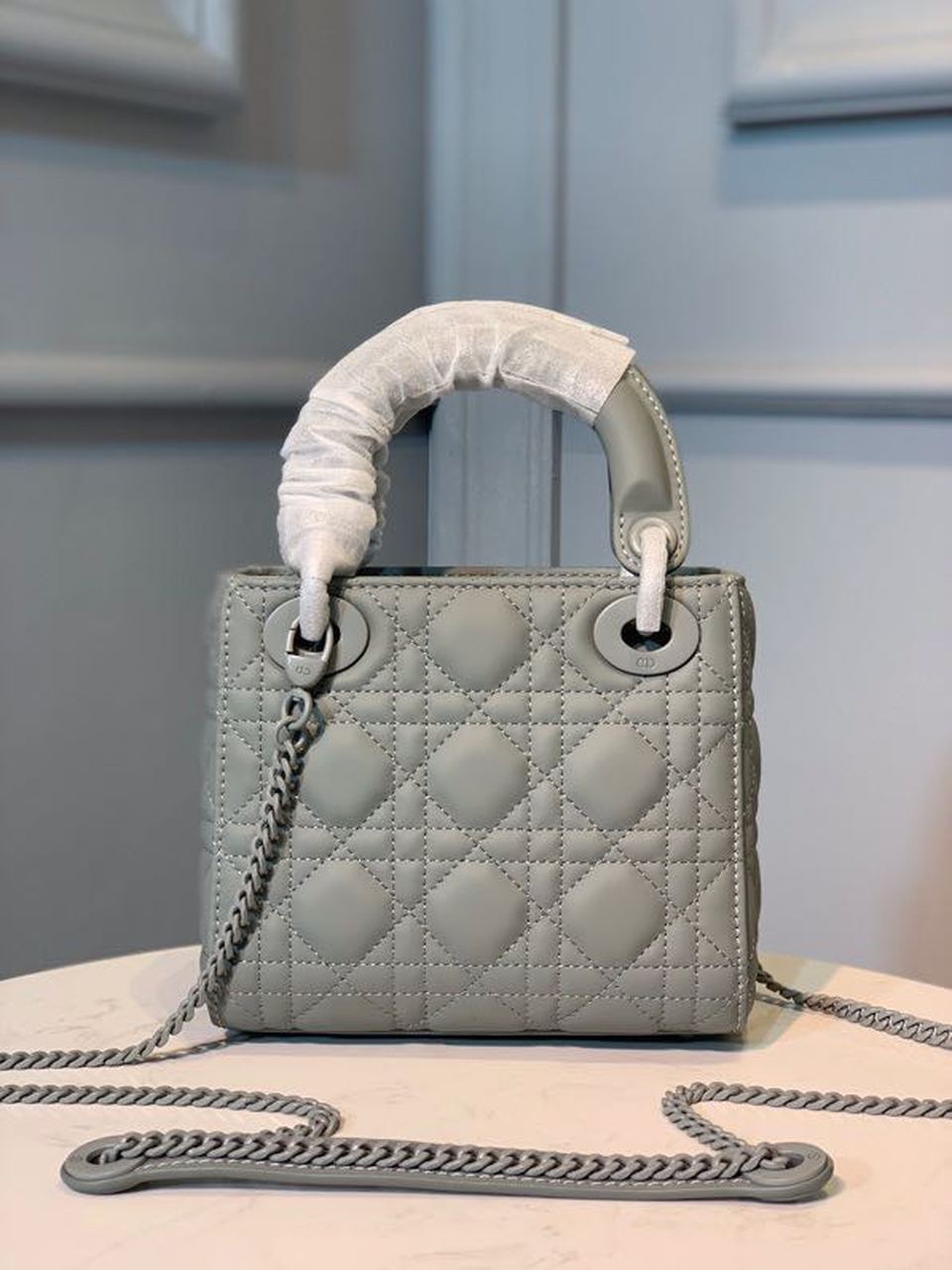 Christian Dior Mini Lady Dior Bag 18cm with Chain Matte Hardware Lambskin Leather Spring/Summer Collection, Pewter Blue
