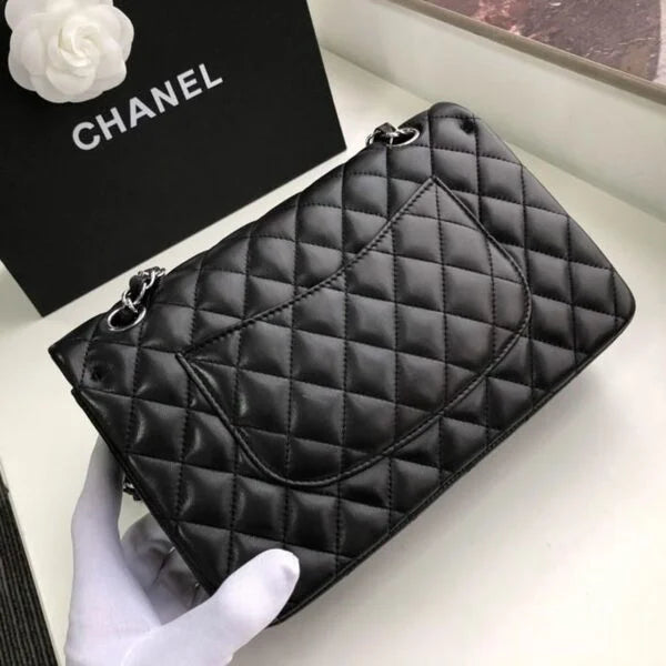 Chanel Classic Flap Bag 25cm Lambskin Leather Silver Hardware Black