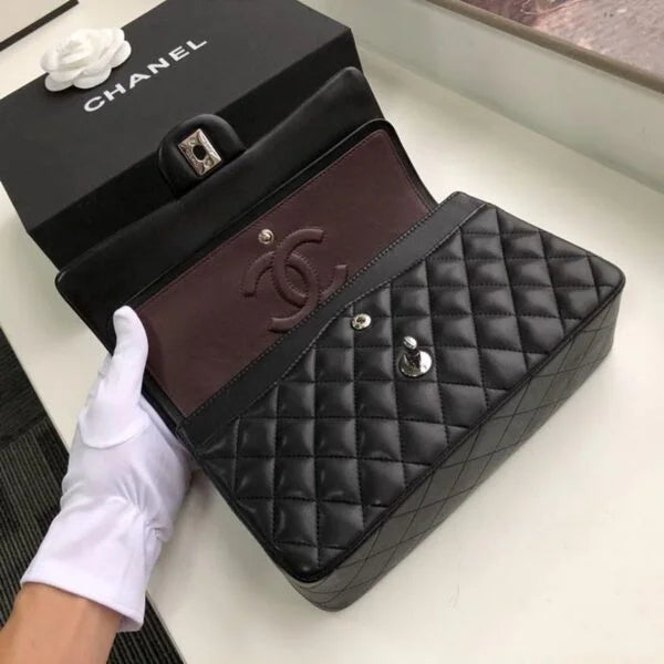 Chanel Classic Flap Bag 25cm Lambskin Leather Silver Hardware Black
