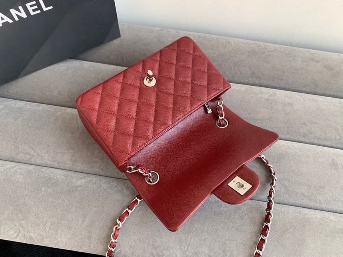 Chanel Classic Flap Bag 20cm Silver Hardware Caviar Leather Spring/Summer Collection Burgundy