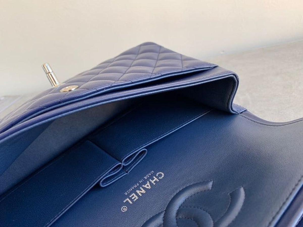 Chanel Classic Flap Bag Silver Hardware Lambskin Leather Spring/Summer Collection Navy Blue