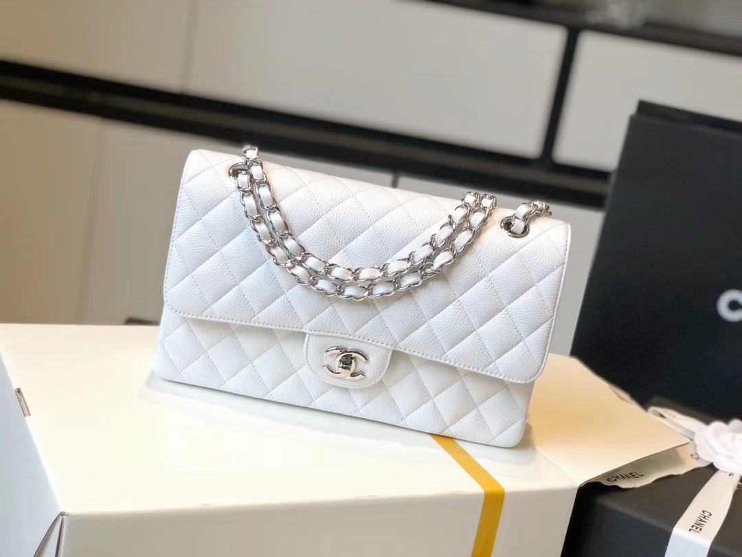Chanel Classic Medium Flap Bag Silver Hardware 26cm White
