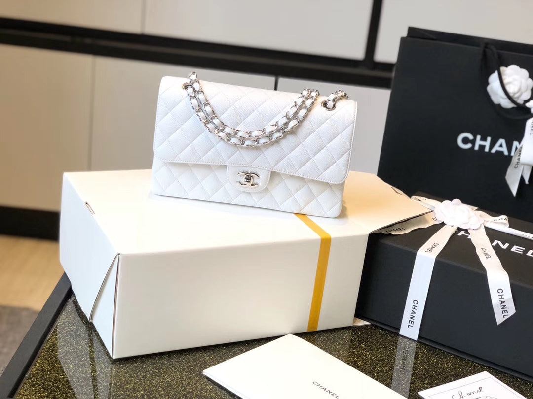 Chanel Classic Medium Flap Bag Silver Hardware 26cm White