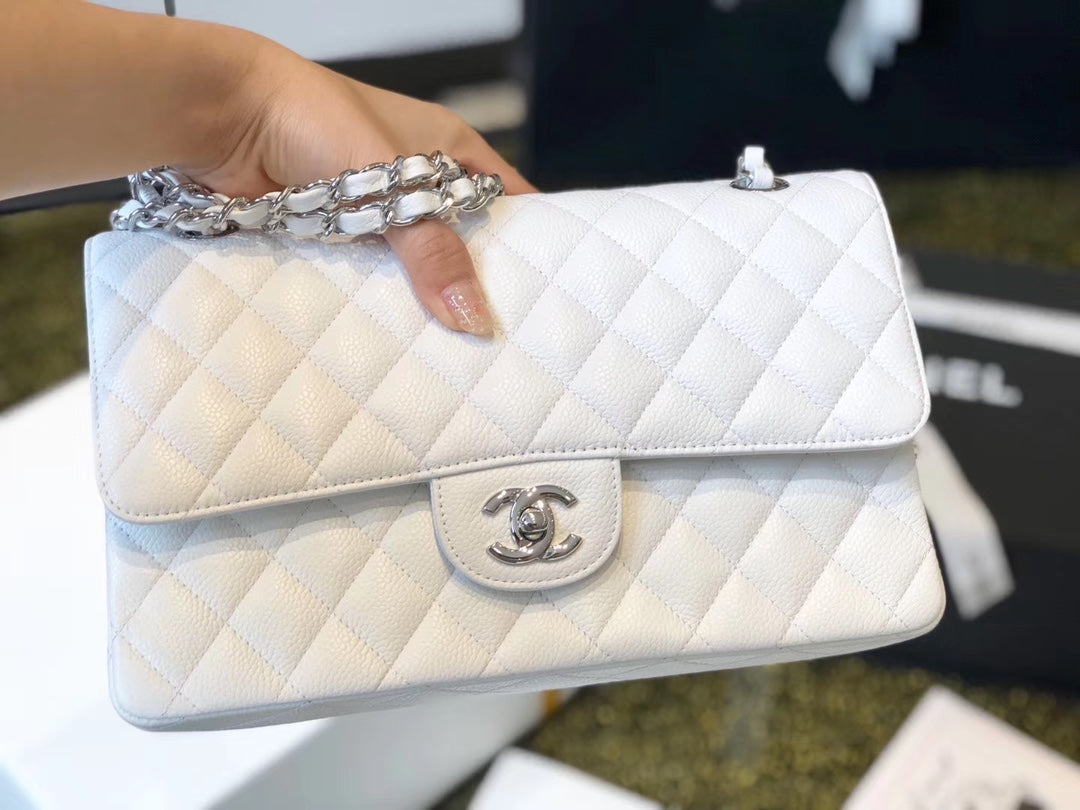 Chanel Classic Medium Flap Bag Silver Hardware 26cm White