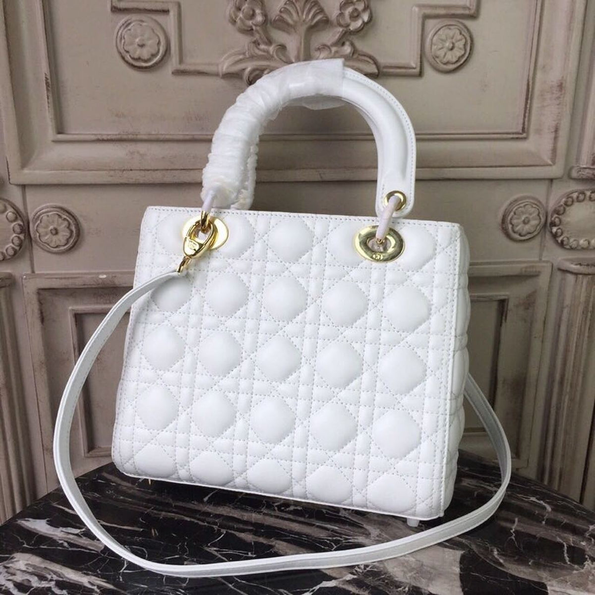 Christian Dior Lady Dior Bag 24cm Gold Hardware Lambskin Leather Spring/Summer Collection White