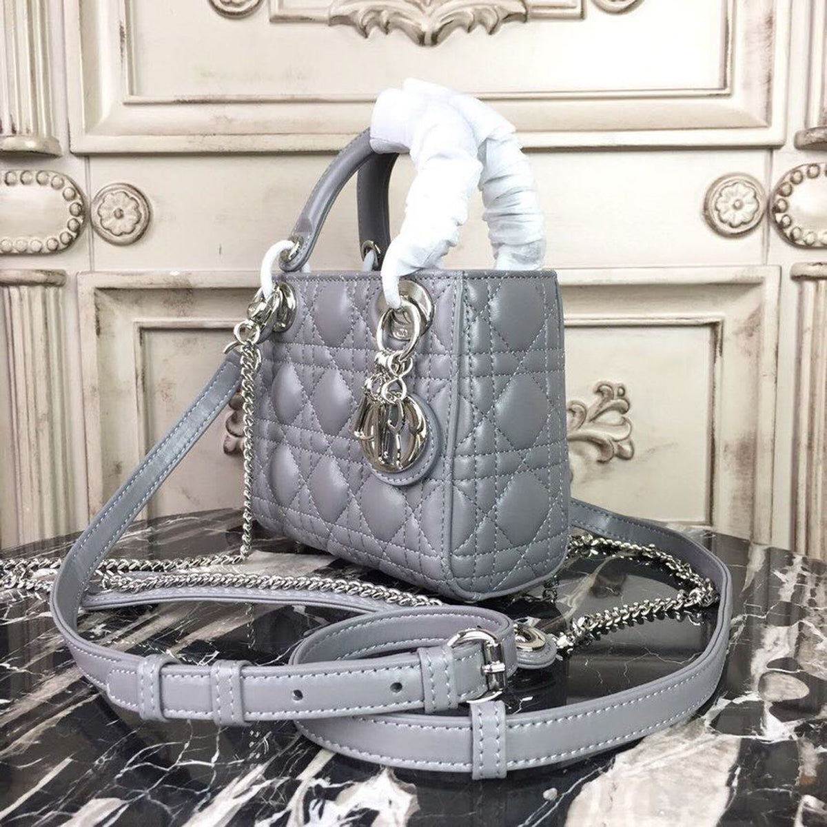 Christian Dior Mini Lady Dior Bag 18cm with Chain Silver Hardware Lambskin Leather Spring/Summer Collection, Grey