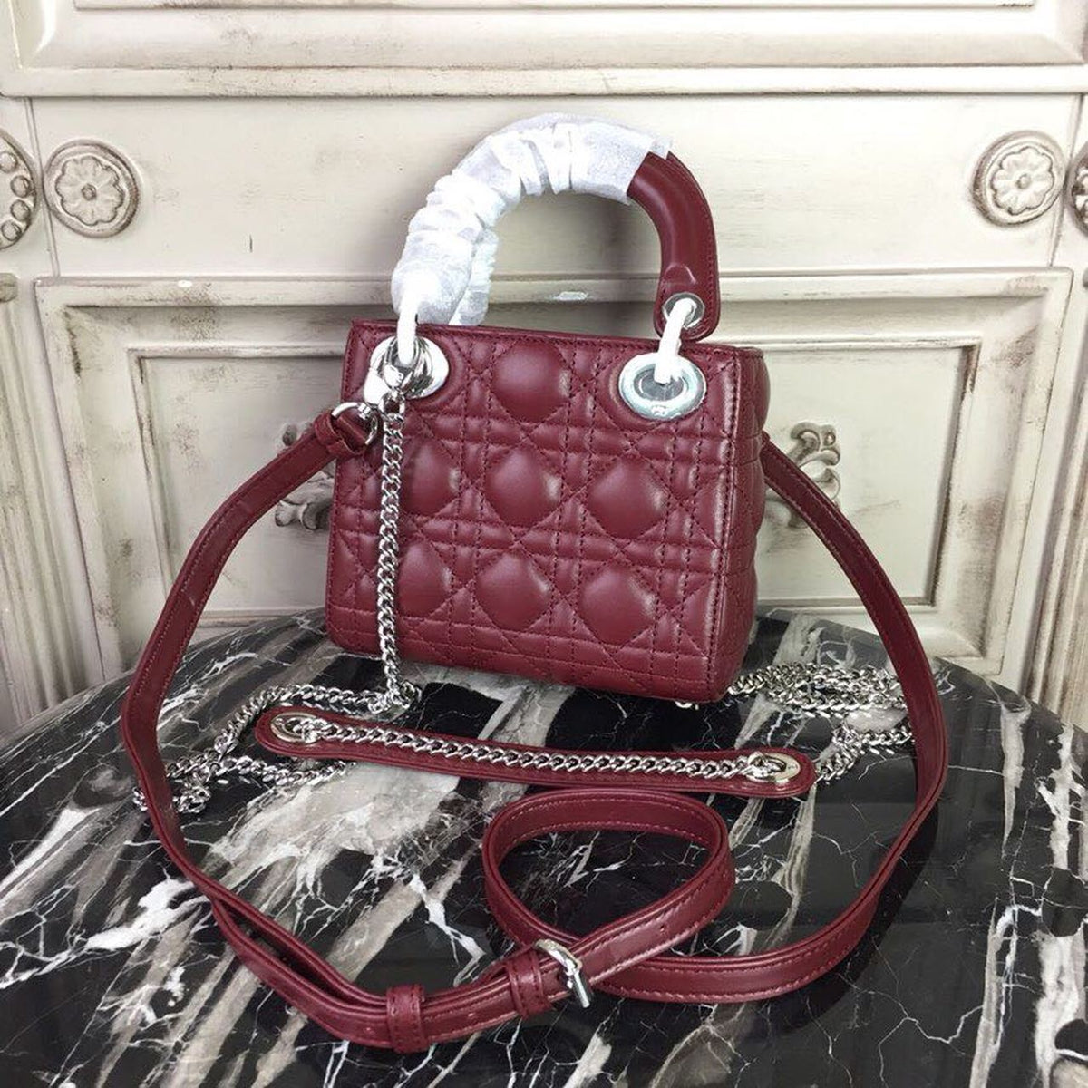Christian Dior Mini Lady Dior Bag 18cm with Chain Silver Hardware Lambskin Leather Spring/Summer Collection, Burgundy