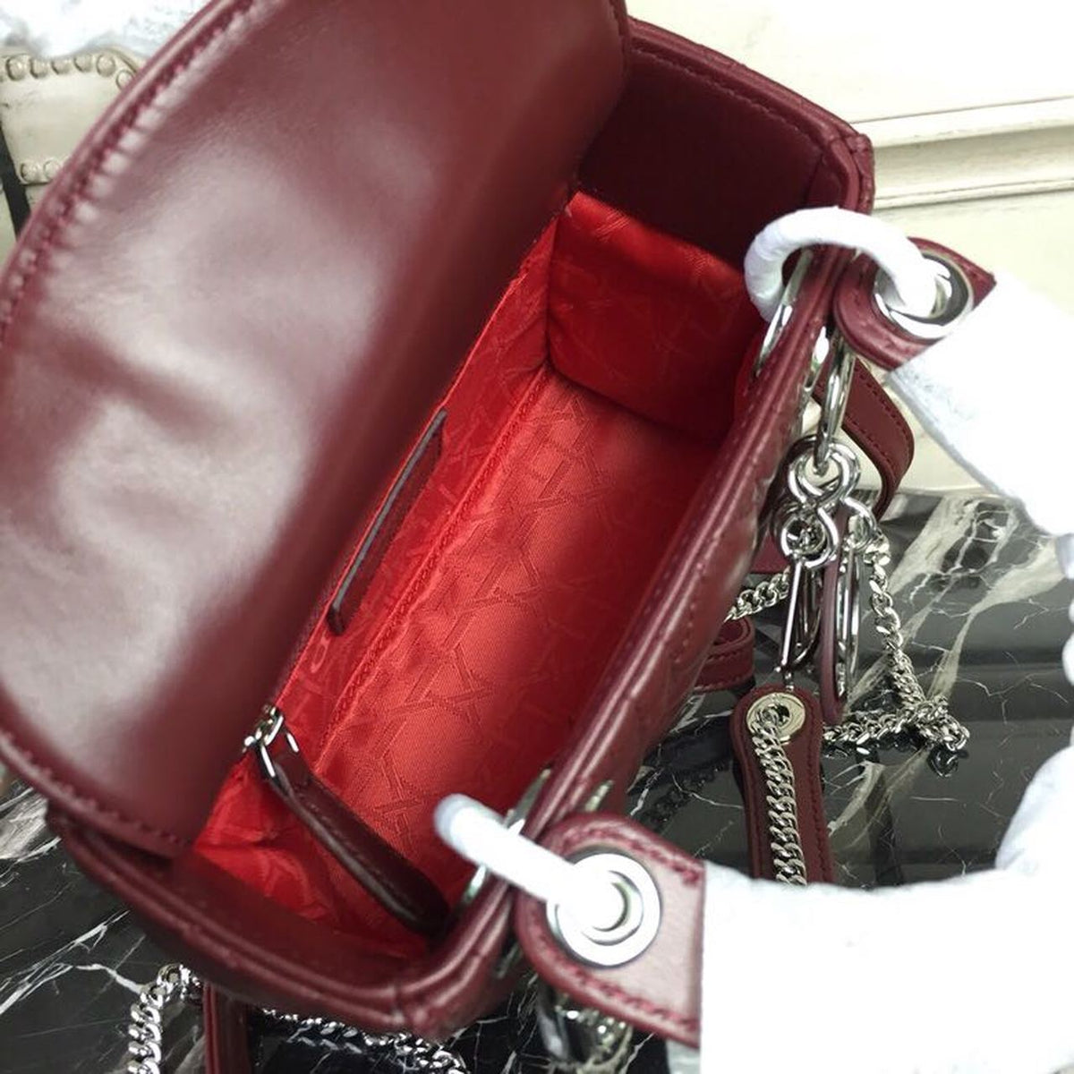 Christian Dior Mini Lady Dior Bag 18cm with Chain Silver Hardware Lambskin Leather Spring/Summer Collection, Burgundy
