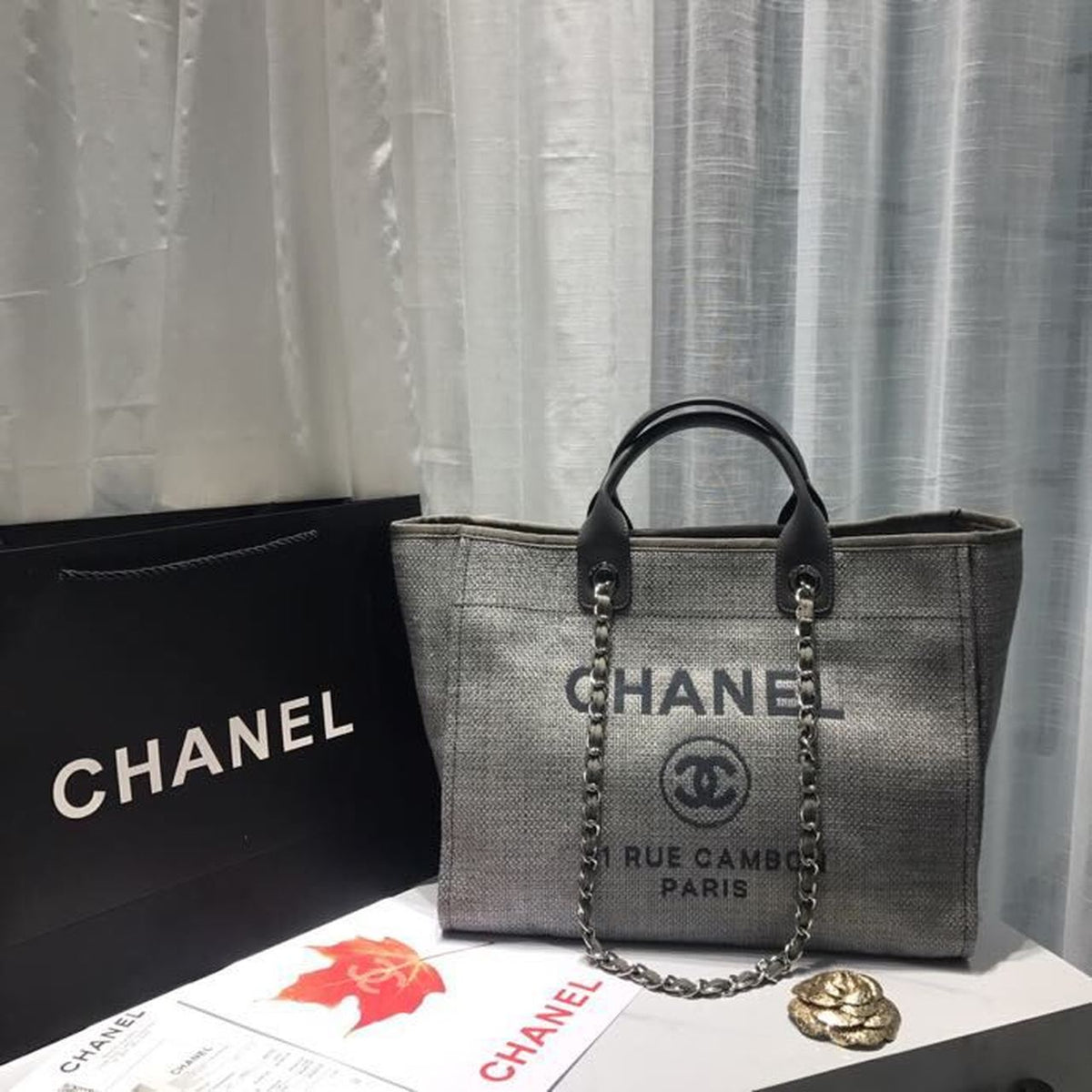 Chanel Deauville Tote 38cm Canvas Bag Spring/Summer Collection, Light Grey/Dark Grey/Multi