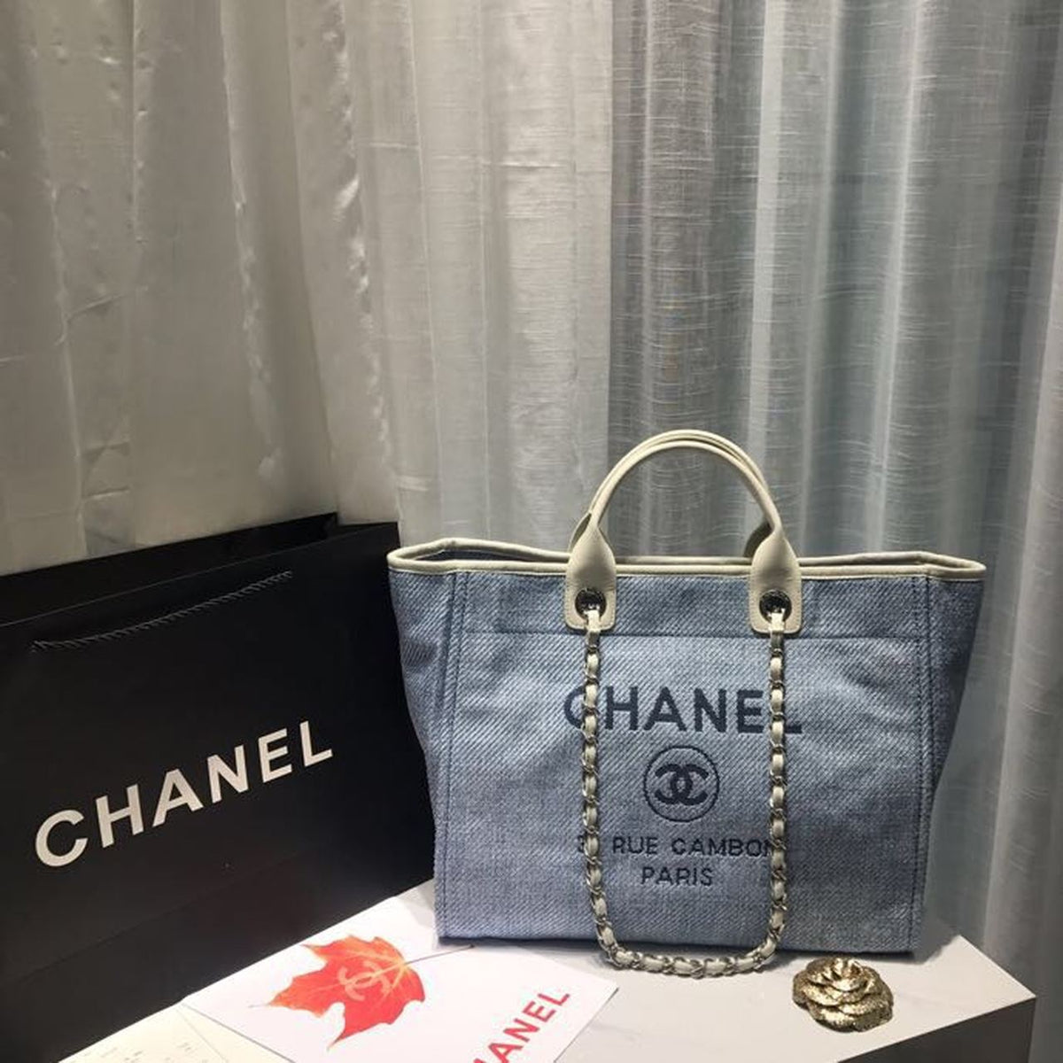 Chanel Deauville Tote 38cm Canvas Bag Spring/Summer Collection Light Blue Denim/White