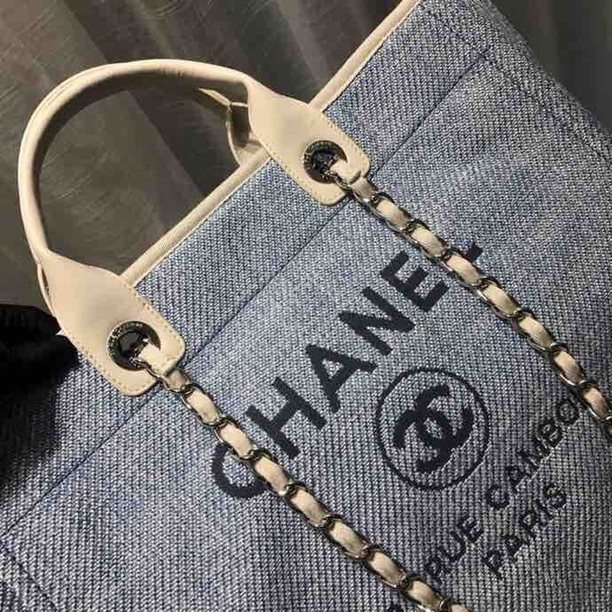 Chanel Deauville Tote 38cm Canvas Bag Spring/Summer Collection Light Blue Denim/White