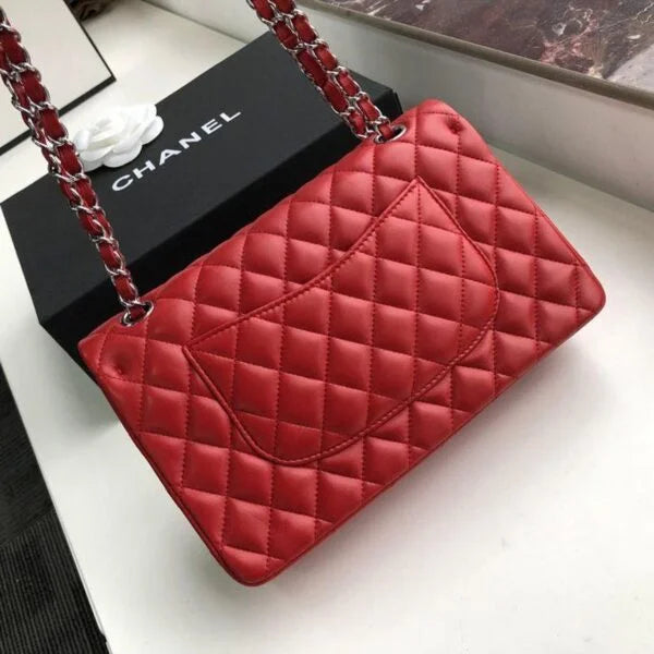Chanel Classic Flap Bag 25cm Lambskin Leather Silver Hardware Red