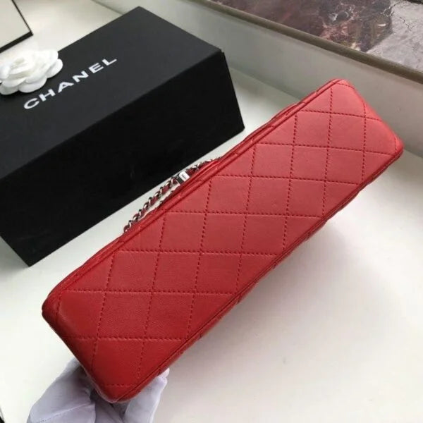 Chanel Classic Flap Bag 25cm Lambskin Leather Silver Hardware Red
