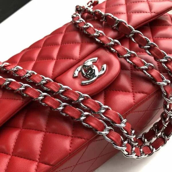 Chanel Classic Flap Bag 25cm Lambskin Leather Silver Hardware Red